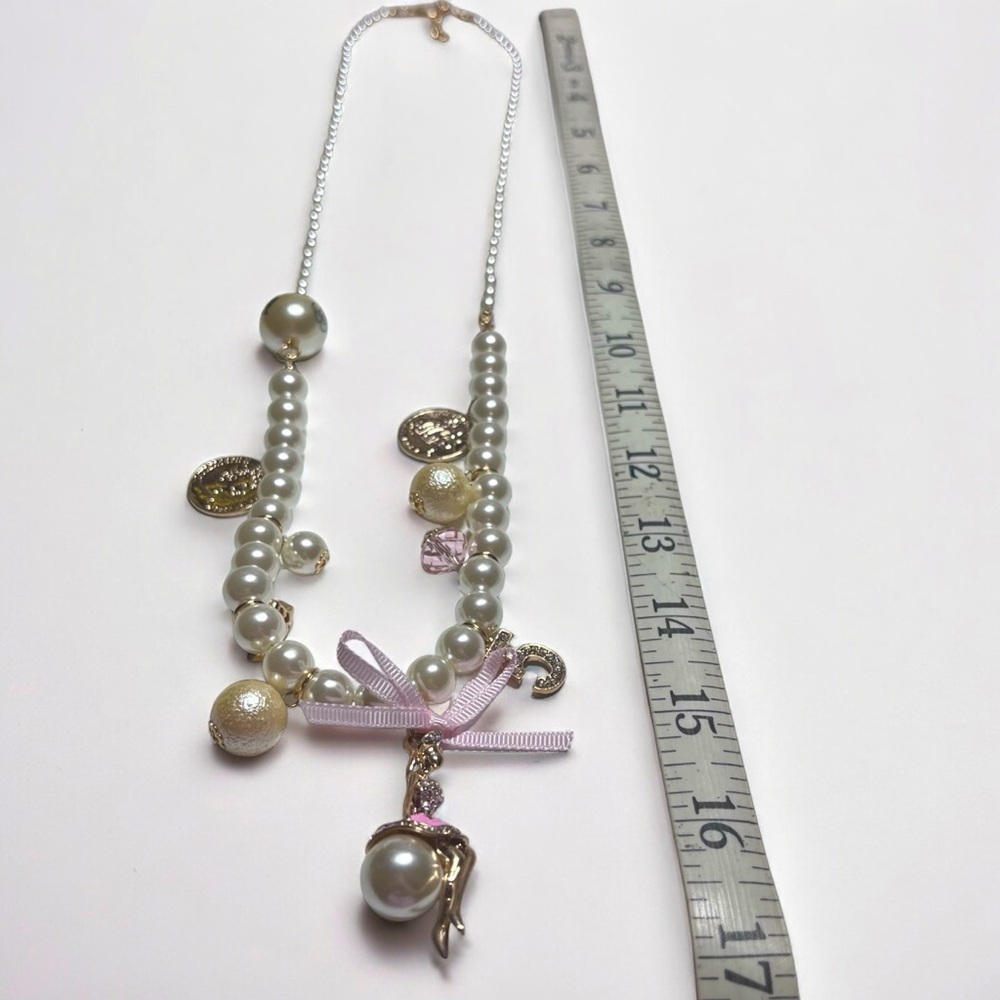 Chunky Long Pearl Beaded Fashion Necklace with Ballerina Pendant & Charms - Picture 4 of 15